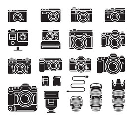 Camera black icons set. Vector illustration.