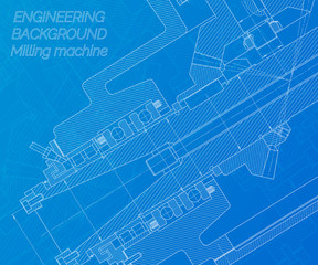 Mechanical engineering drawings on blue background. Milling machine spindle. Technical Design. Cover. Blueprint. Vector illustration.