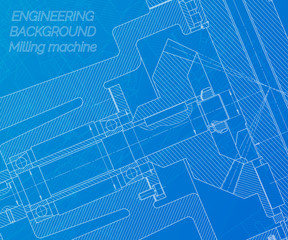 Mechanical engineering drawings on blue background. Milling machine spindle. Technical Design. Cover. Blueprint. Vector illustration.