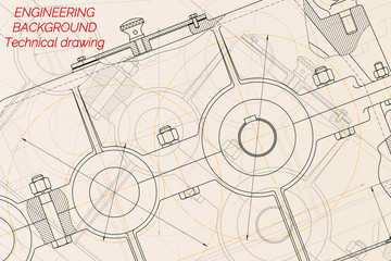 Mechanical engineering drawings on light background. Reducer. Technical Design. Cover. Vector illustration.