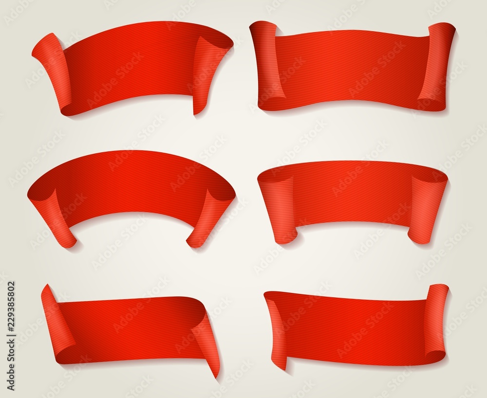 Wall mural retro red ribbons. silk or paper scarlet ribbon set isolated on background for banners or decorative