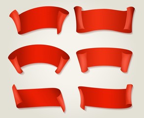 Retro red ribbons. Silk or paper scarlet ribbon set isolated on background for banners or decorative gift cards, vector illustration