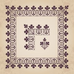 Decorative calligraphic ornamental corner and border elements with frame in vintage style