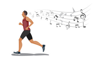 men runing with  listening to music via wireless earphones on white background.
