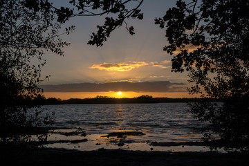 Fototapeta na wymiar sunset over the lake, view through the black tree silhouettes on the shore, copy space