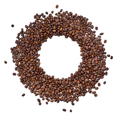Roasted coffee beans in a geometric circle. Coffee beans, isolated on white background with copy space. Coffee export.