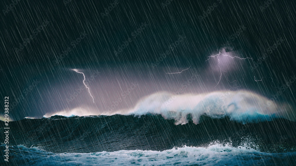 Poster thunderstorm in the sea with big waves and lightning