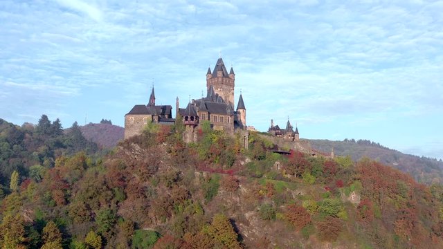 Autumnal Aerial View of Cochem Town in Germany and the Castle Overlooking the River