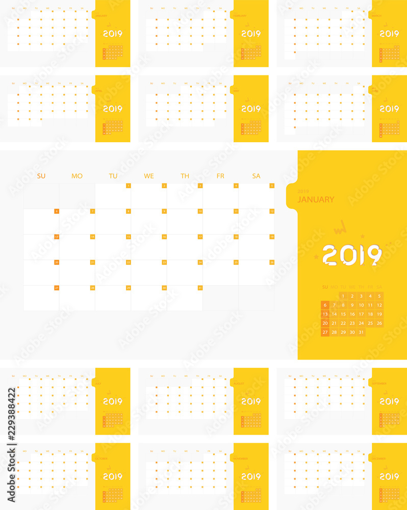 Aufkleber calendar design template for 2019 simple planner week starts on sunday. design print template with p