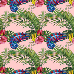 Watercolor tropical wildlife seamless pattern. Hand Drawn jungle nature, lemur, hibiscus flowers illustration