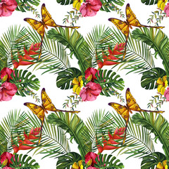 Watercolor tropical wildlife seamless pattern. Hand Drawn jungle nature, lemur, hibiscus flowers illustration