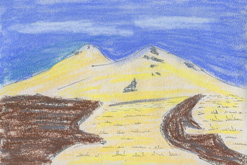 Pastel drawing on paper. Snow mountain with two peaks