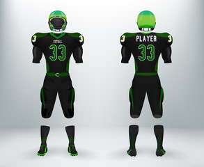 3D realistic mockup of American rugby football jersey uniforms sets. Concept for football apparel mock up template in vector illustration for retail shop.
