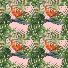 Obraz premium Watercolor tropical wildlife seamless pattern. Hand Drawn jungle nature, lemur, hibiscus flowers illustration