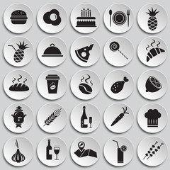 Food set on circles on plates background icons