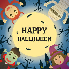 Happy Halloween with Halloween monster costume in graveyard and the full moon background - Vector illustration