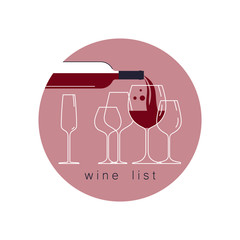 Icon with bottle and glasses. Winery symbol, wine tasting, wine list. Modern line style. Vector illustration. - 229390210