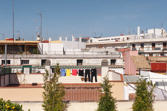 View of a clothes line in a  roof top, Seville, Spain