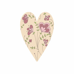 Floral heart. Bouquet composition with hand drawn flowers and plants. heart with flowers, decorative flowers painted in the heart, stylized plants