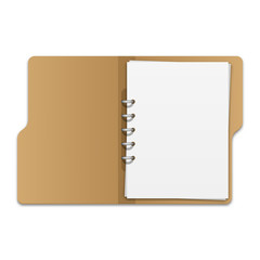 Open file folder with documents. Blank cardboard ring binder folder with stack of empty paper sheets. Vector illustration on white background