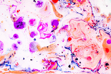 Abstract background with acrylic liquid textures. Modern artwork with spots and splashes of color paint. Applicable for into coffee packaging, labels, business cards, and interactive web backgrounds