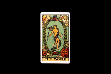 An individual major arcana tarot card isolated on black background. The World. - obrazy, fototapety, plakaty