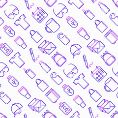 Promotional products seamless pattern with thin line icons: notebook, tote bag, sunglasses, t-shirt, water bottle, pen, backpack, hat, travel mug, usb, lighter, calendar. Modern vector illustration.