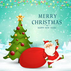 Fototapeta na wymiar Merry Christmas. Happy new year. Cute Santa Claus with red bag, christmas tree, jingle bell in christmas snow scene. Happy Santa Claus cartoon character in winter landscape with falling snow, garland