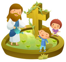 Jesus Christ watering plants with two children standing with him