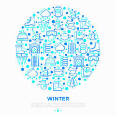 Winter concept in circle with thin line icons: fireplace, skates, mittens, snowflake, scarf, snowman, pullover, rocking chair, skiing, icicle, snowfall. Vector illustration, print media template.