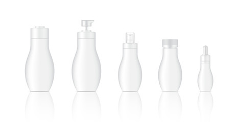 Mock up Realistic White Spray, Dropper, Pump Cosmetic Bottles Set For Soap, Shampoo or Lotion Background Illustration