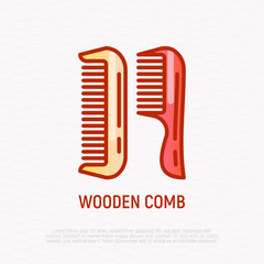 Wooden comb thin line icon. Modern vector illustration, element of logo for hairdresser, barber shop.
