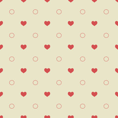 Red hearts and circles on a light yellow background. Seamless pattern. Gentle colors.
