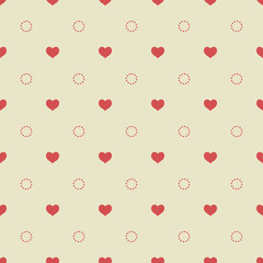 Red hearts and circles on a light yellow background. Seamless pattern. Gentle colors.