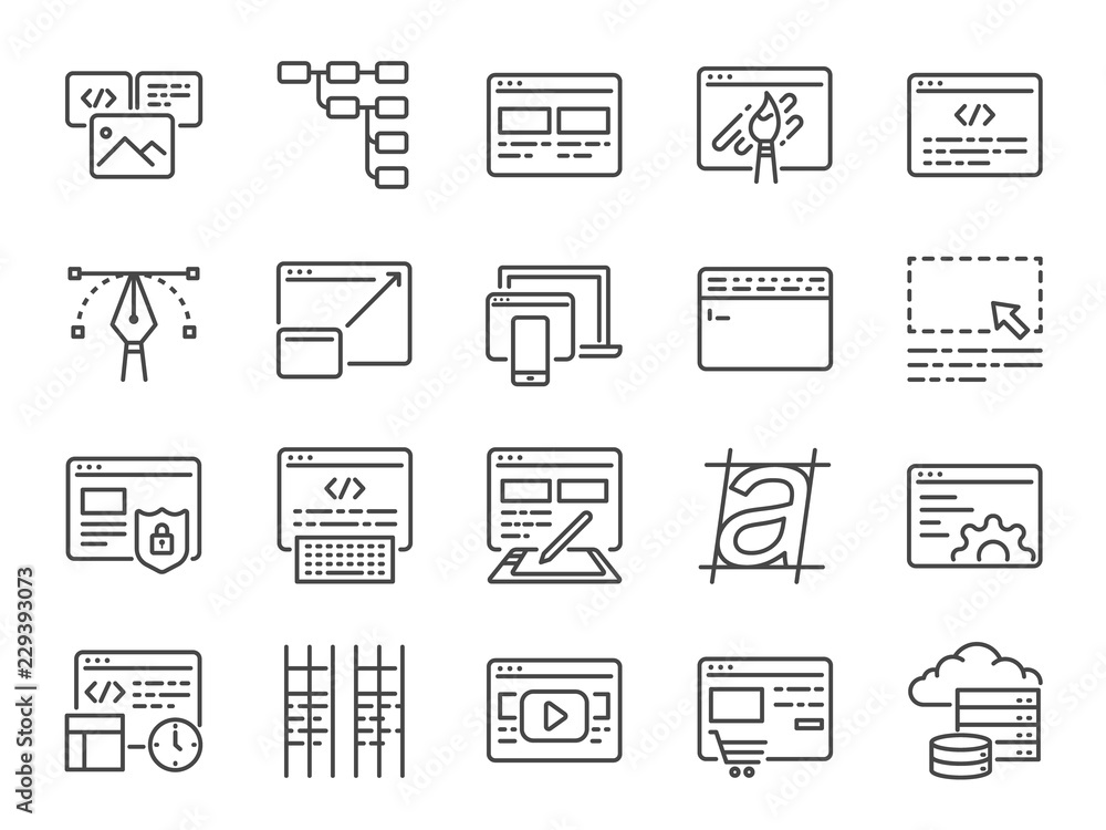 Fototapete web development line icon set. included icons as design, developer, coding, content and more.