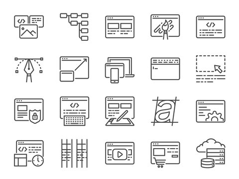 Web development line icon set. Included icons as design, developer, coding, content and more.
