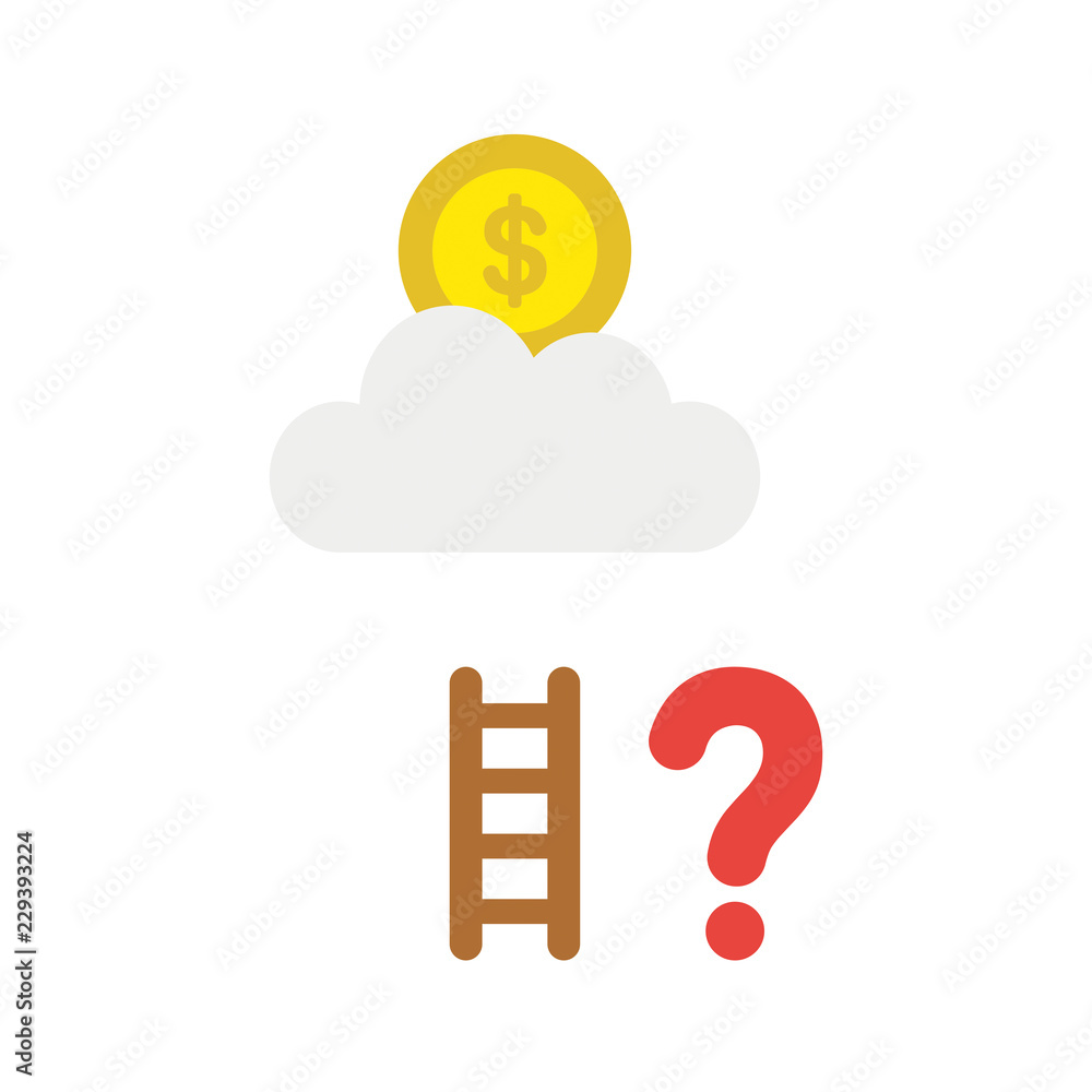 Poster vector icon concept of dollar coin on cloud with short ladder and question mark