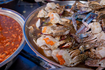Fototapeta na wymiar Street Food in Chinatown with Seafood include crap shrimp with egg on pickle 