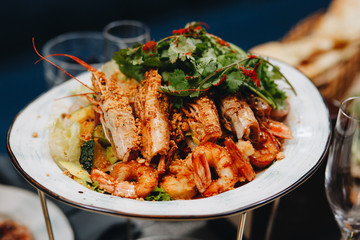 Fried Shrimp with vegetable salad - soft focus.