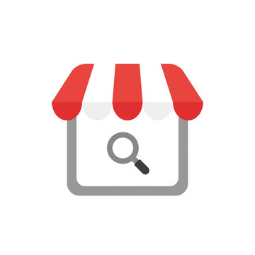 Vector icon concept of shop store with magnifying glass