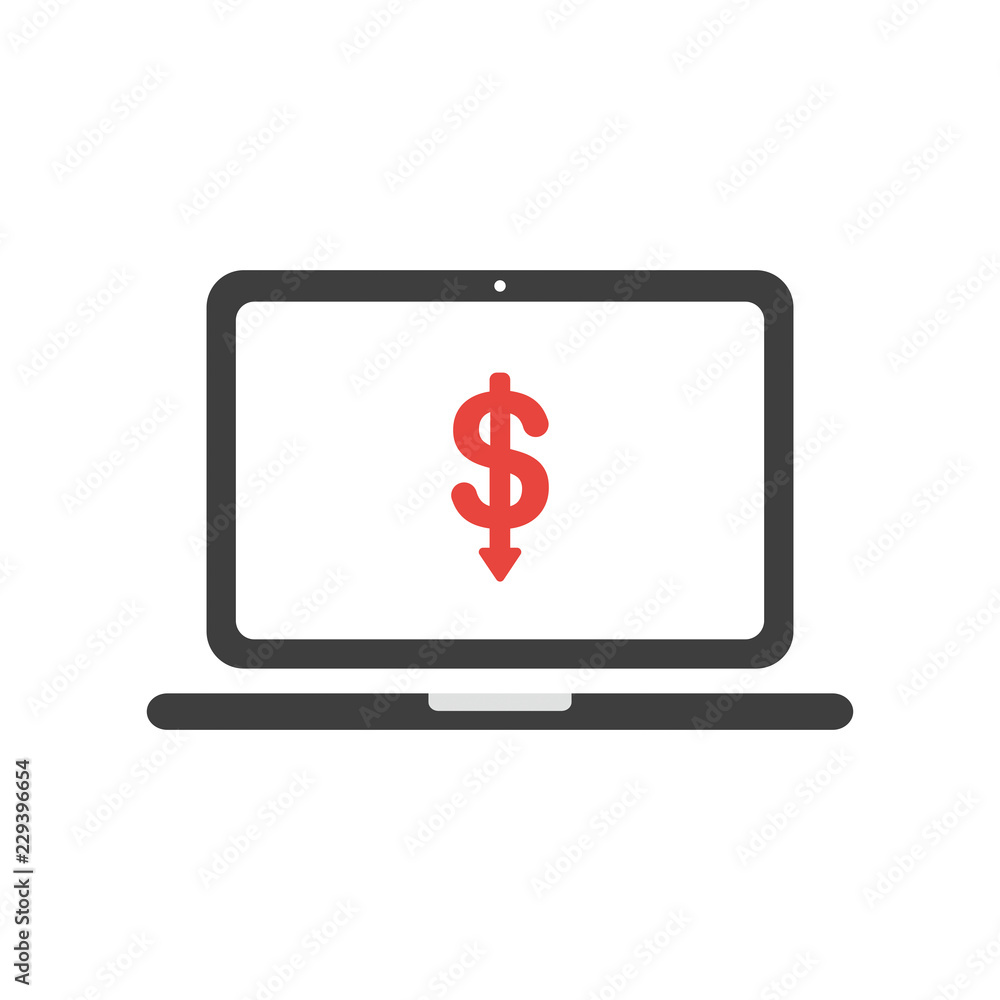 Poster vector icon concept of dollar symbol arrow moving down inside laptop computer