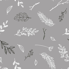Fototapeta na wymiar Hand drawn watercolor doodle natural seamless pattern. Repeated branches and leaf illustrations on the grey background