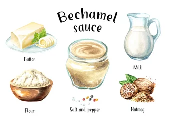 Photo sur Plexiglas Cuisine Ingrédients de la sauce béchamel. Illustration aquarelle dessinée à la main, isolée sur fond blanc