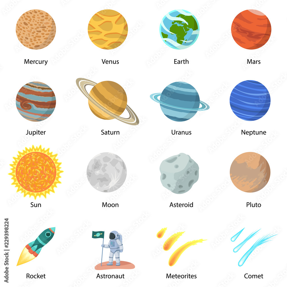 Poster space planet icon set. flat set of space planet vector icons isolated on white background
