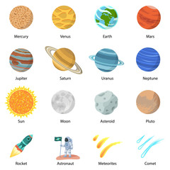 Naklejka premium Zestaw ikon planety kosmicznej. Płaski zestaw ikon wektorowych planety kosmicznej na białym tle