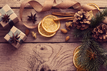 Christmas decorations on old wooden background