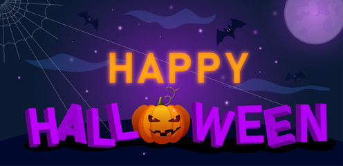 Purple Happy Halloween banner with full moon, bats and pumpkin.