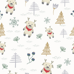The  reindeer and hand drawn christmas tree seamless pattern cream background.