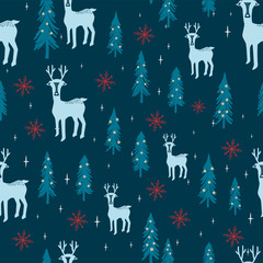 The hand drawn reindeer and night christmas tree seamless pattern blue background.