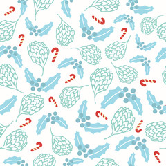 The hand drawn pinecone and holly plants christmas seamless pattern cream background.